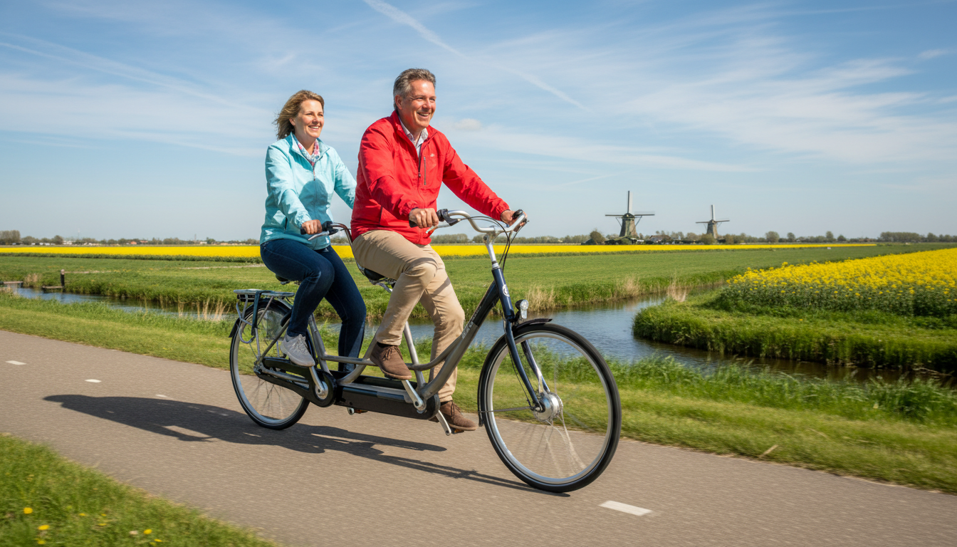 Twee personen op een tandem fiets in Hoofddorp - perfect voor een groepsuitje